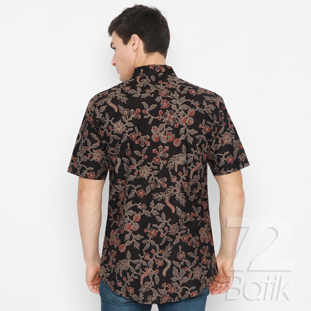 BATIK COUPLE MODERN Kemeja Rok Lilit Instan Batik Pria Lengan Pendek Premium Motif Kembang Warna Hitam 721052 CAP 72