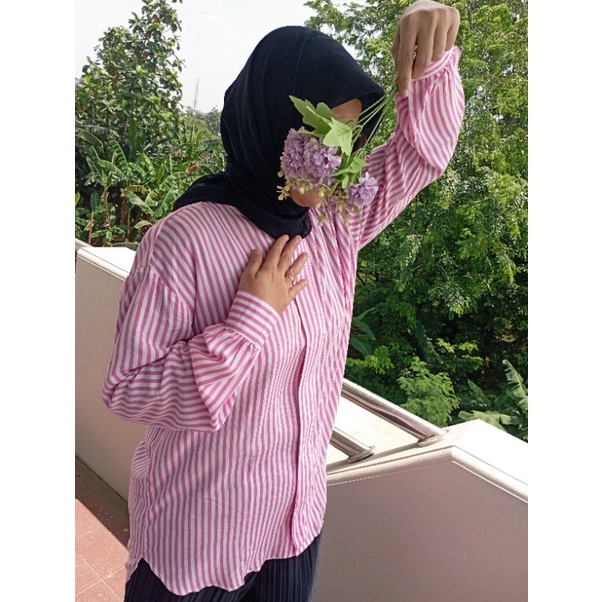 Baju tunik Kemeja Wanita  Oversize Jumbo Motif Salur Katun Rayon Premium Pinguin