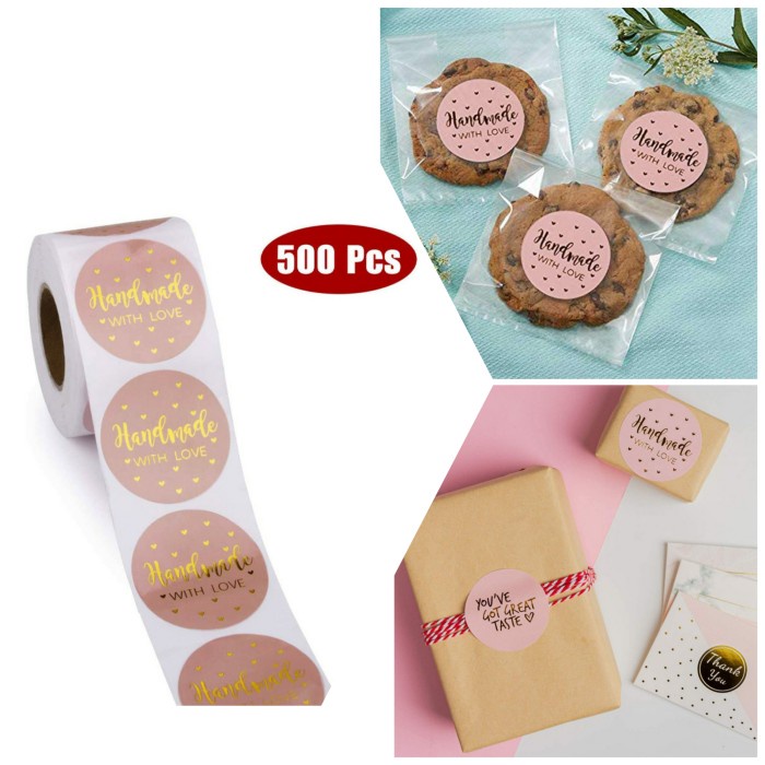 

Stiker roll HANDMADE WITH LOVE 500pcs PINK Stiker Tempelan Pack Snack Makanan