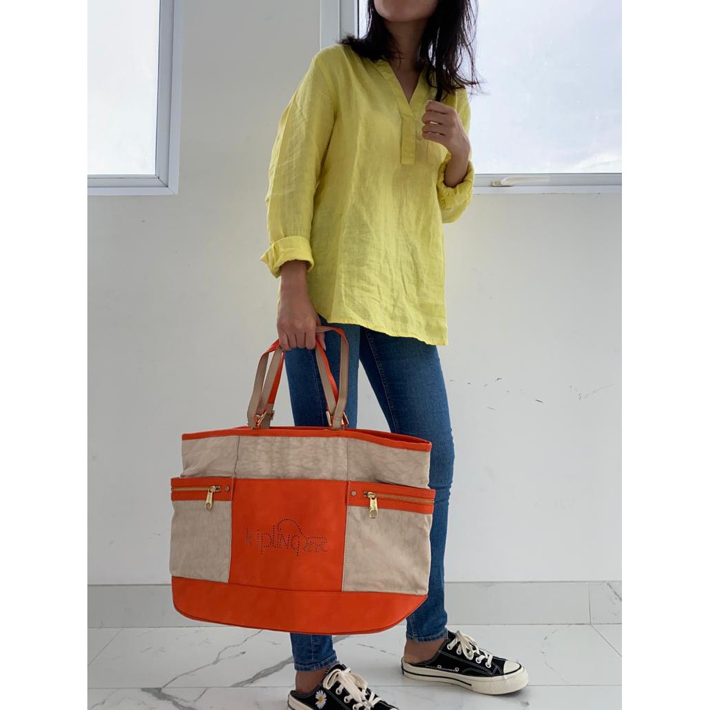 Tas Wanita Kipling Original Marcie Tote Bag Orange Tote Travel Pundak Besar Jalan Muat Banyak Baju
