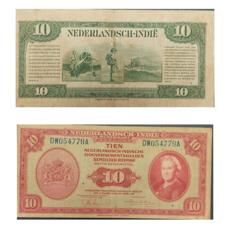 Uang Kuno Indonesia series NICA 10 Gulden 1943 Original 100% Kertas Utuh