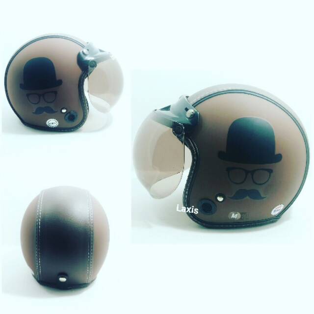 Helm retro bogo semi kulit snor warna coklat kaca bogo original