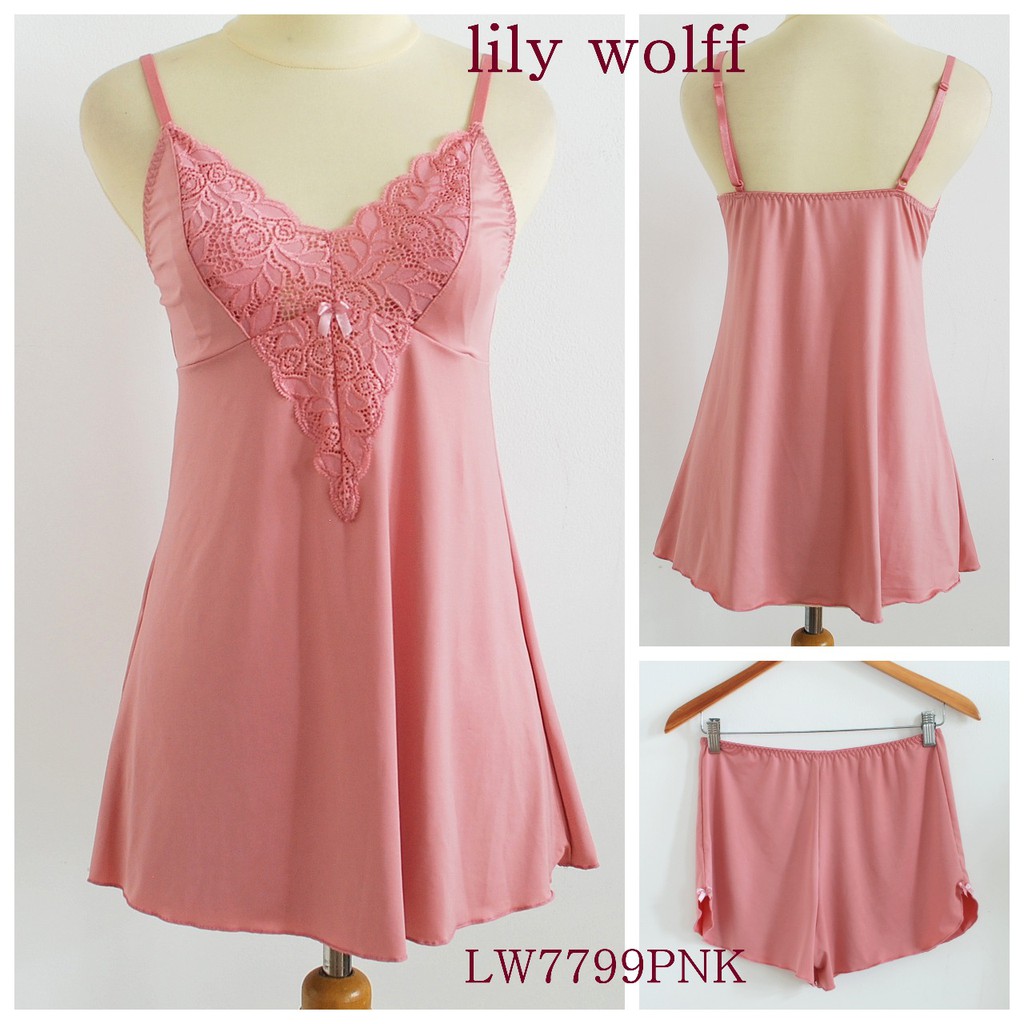 Lingerie Wanita Renda , Baju Tidur Setelan Sleepwear Elastis Lembut LILY WOLFF Best Seller LW7799PNK-1