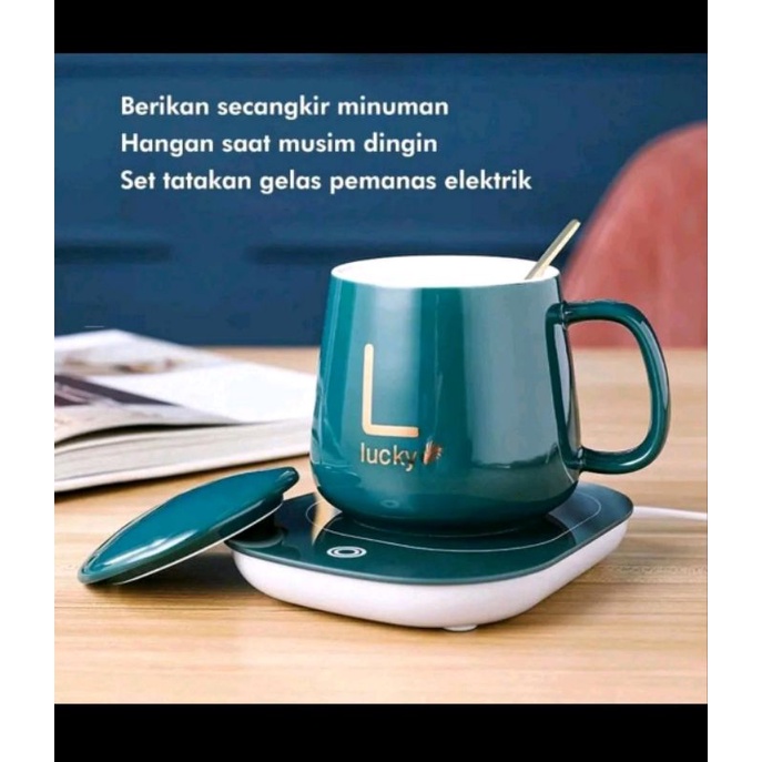 Lucky mug set keramik elektrik penghangat &amp; tatakan alas pemanas listrik 1 set