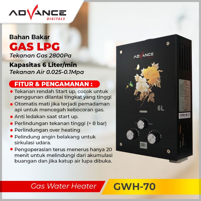 Advance Water Heater Gas 6 Liter GWH-70 LED Display Tempered Glass