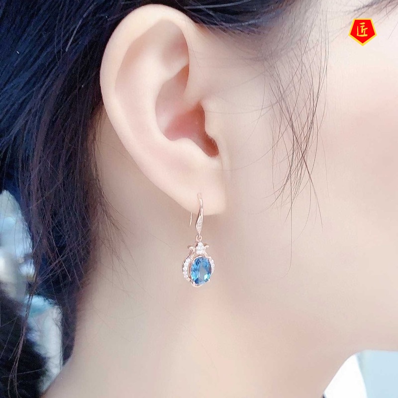 [Ready Stock]Natural Blue Topaz Earrings Female Pt950