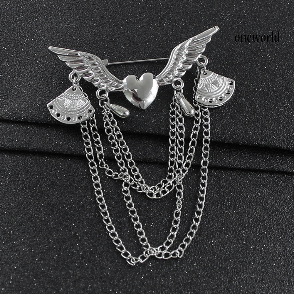 OW@ Retro Angel Wing Heart Shirt Suit Collar Tip Lapel Brooch Pin with Chain Tassel