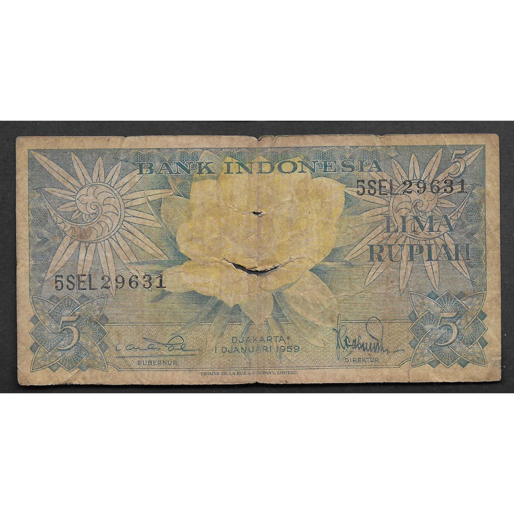 Uang Kertas Indonesia 5 Rupiah Bunga 1959 VG Sudah terpakai