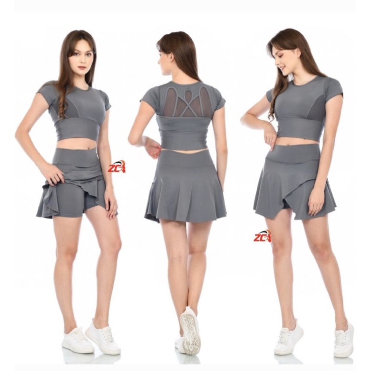 Setelan Rok Senam aerobik wanita Gym terbaru viral-Abu Abu