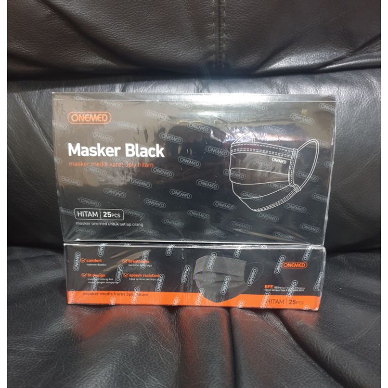 1 BOX MASKER KARET MEDIS ONEMED 3 PLY ALL BLACK 25 LEMBAR