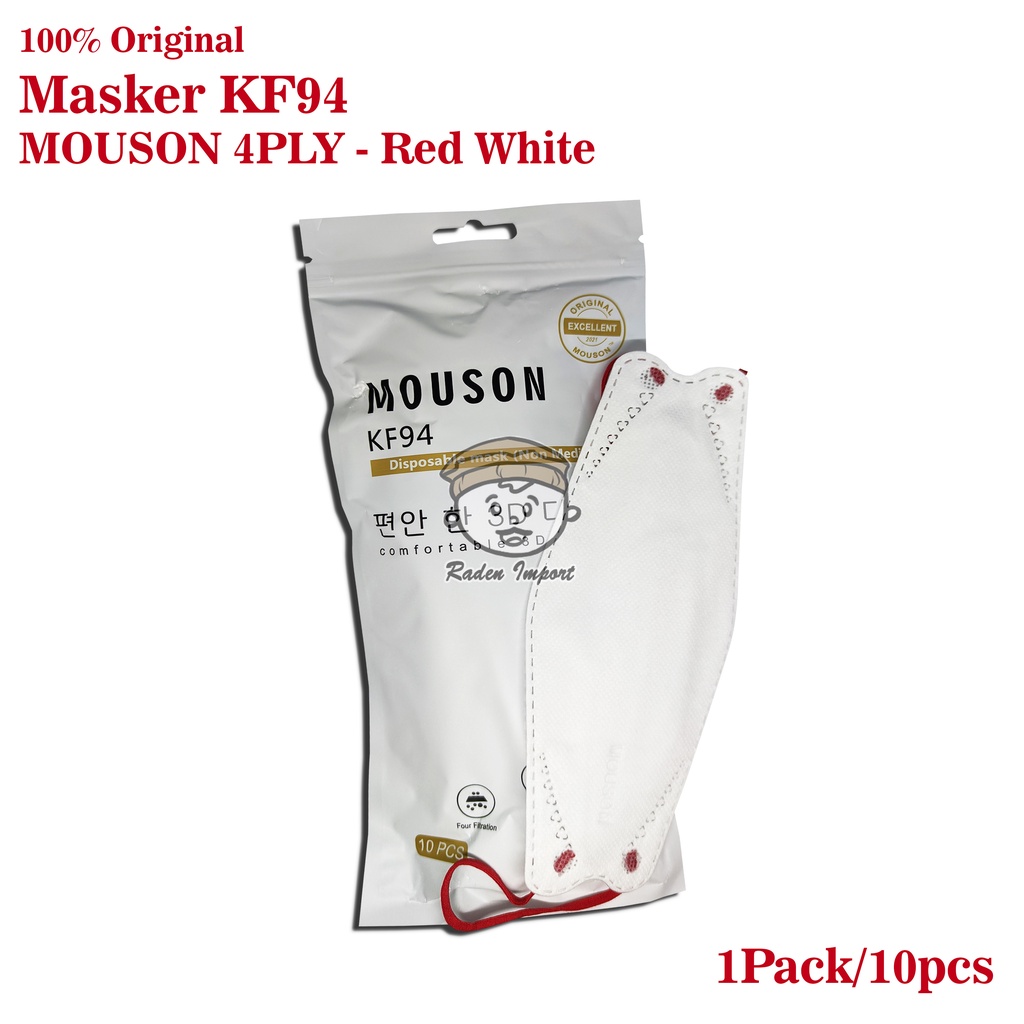 Masker KF94 MOUSON 4Ply Warna Putih Tali Merah Hitam Grey 4 Ply Medis BFE 95% Premium Quality