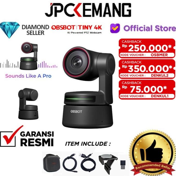Webcam OBSBOT Tiny 4K Edition AI Powered PTZ 4K Webcam Portable RESMI