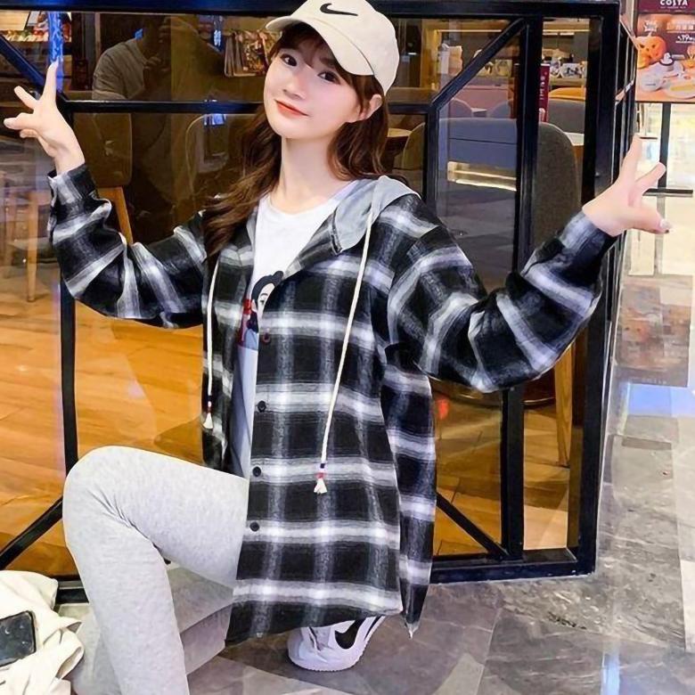 Newlan Cs010 Cs010 Jaket Wanita Hoodie/Blouse Piony Hoodie Topi/ Kemeja Hoodie Kotak-Kotak Kekinian