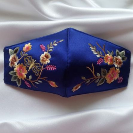 Masker Kain Bordir halus, mewah, dan elegan (Masker bordir Bunga - Hermes Orange/Biru Elektrik)