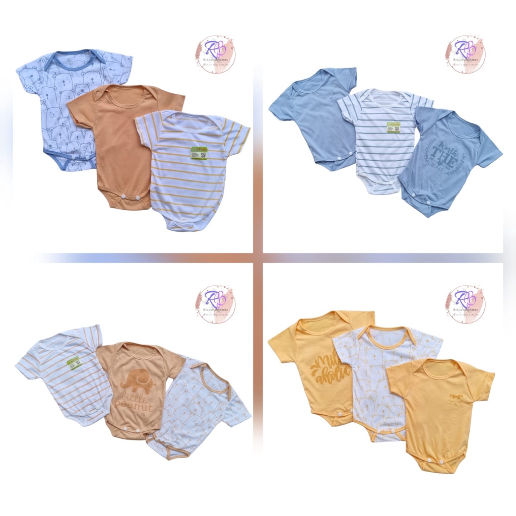 3pcs jumper bayi motif polos kombinasi / 3pcs jumper pendek bayi / perlengkapan bayi lahiran