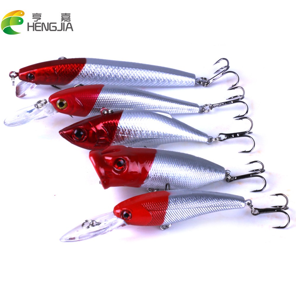 Hengjia 5pcs Umpan Pancing Ikan Minnow Popper Vib Kepala Merah Bahan Plastik