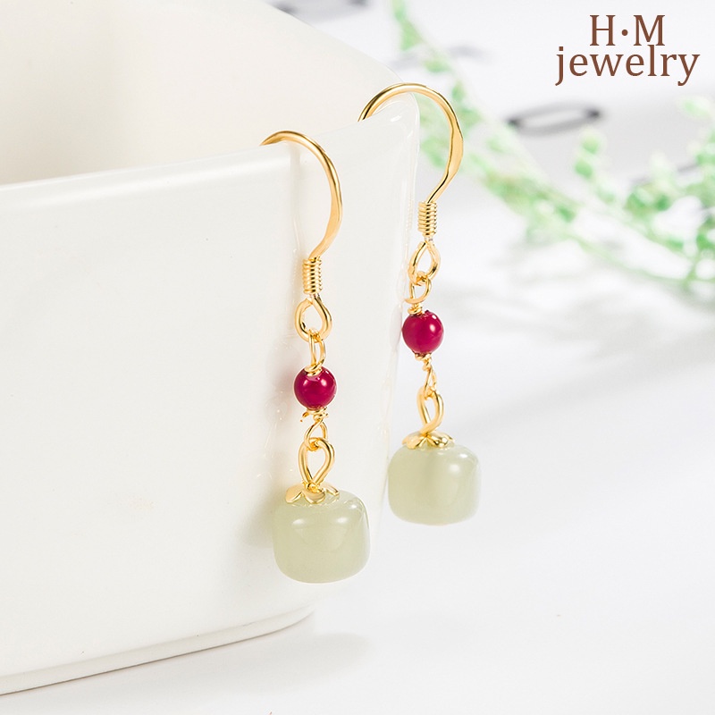 Anting Gantung Batu Giok Hetian Merah Vintage Untuk Wanita 2022