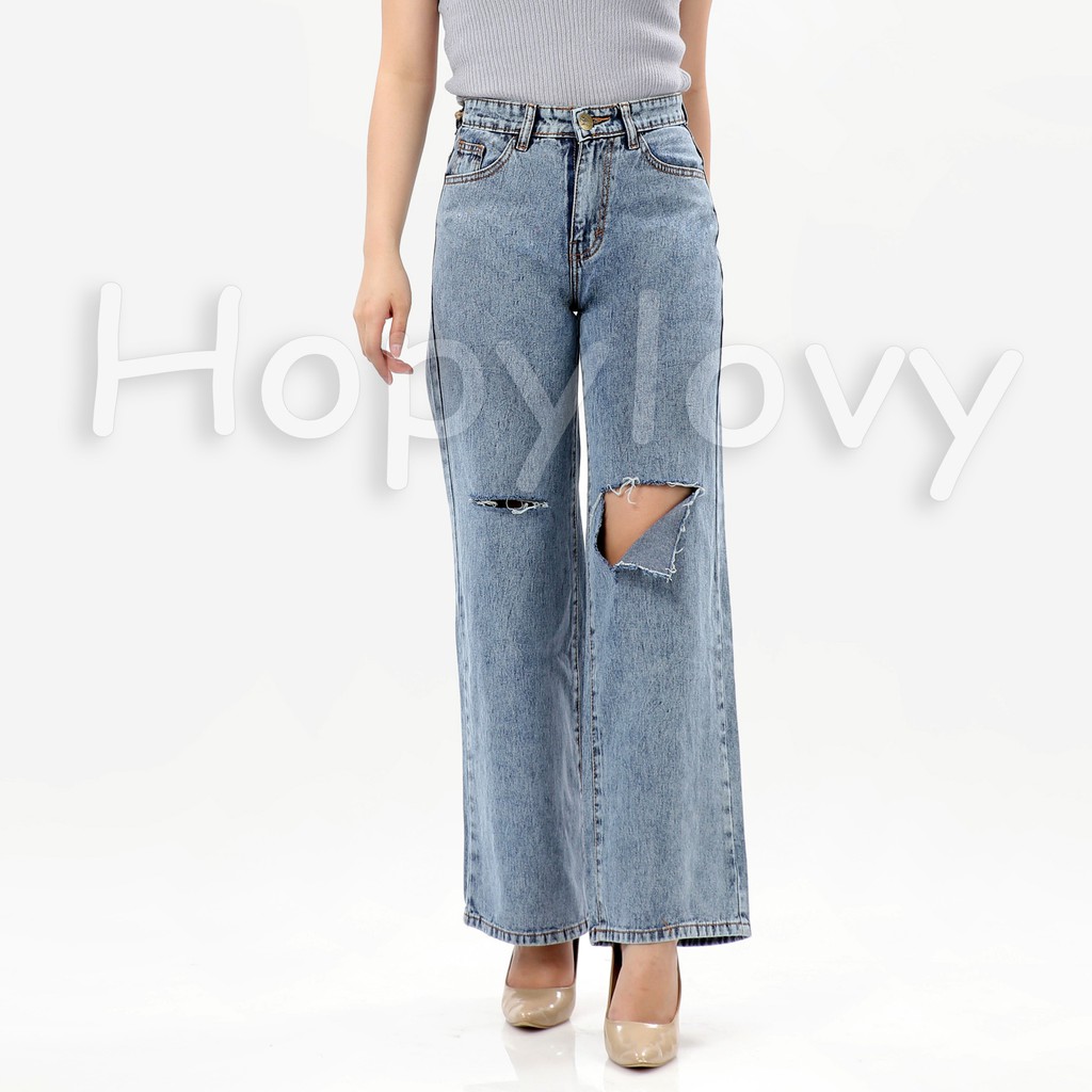 HOPYLOVY - Celana Kulot Jeans Wanita Sobek Destroy Lutut Nessa