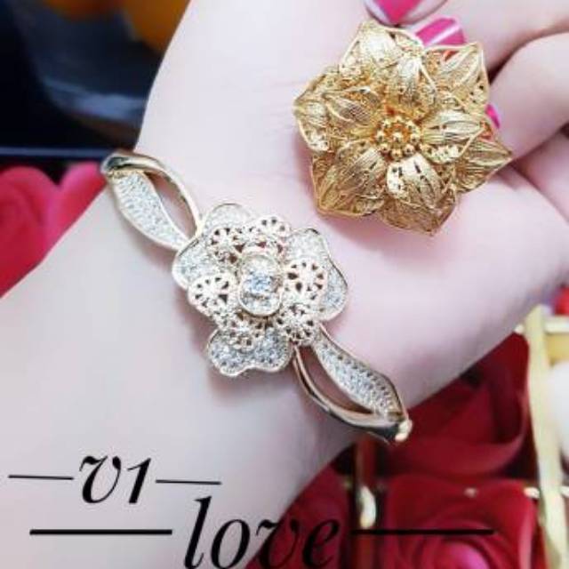 Xuping set perhiasan gelang cincin mawar lapis emas 24k 1011