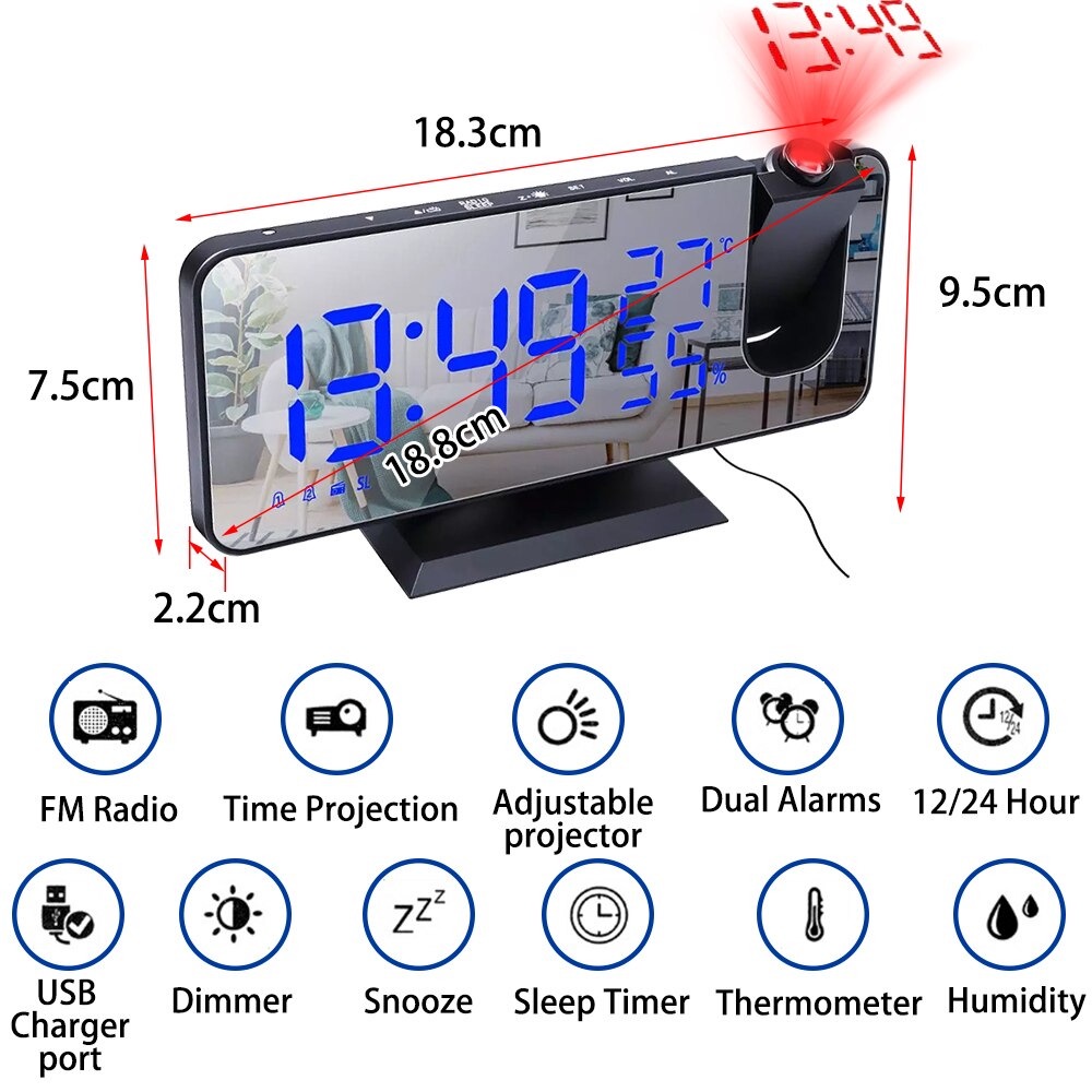 Jam Alarm Digital Proyektor Temperature Humidity FM Radio - EN8827 - Black White