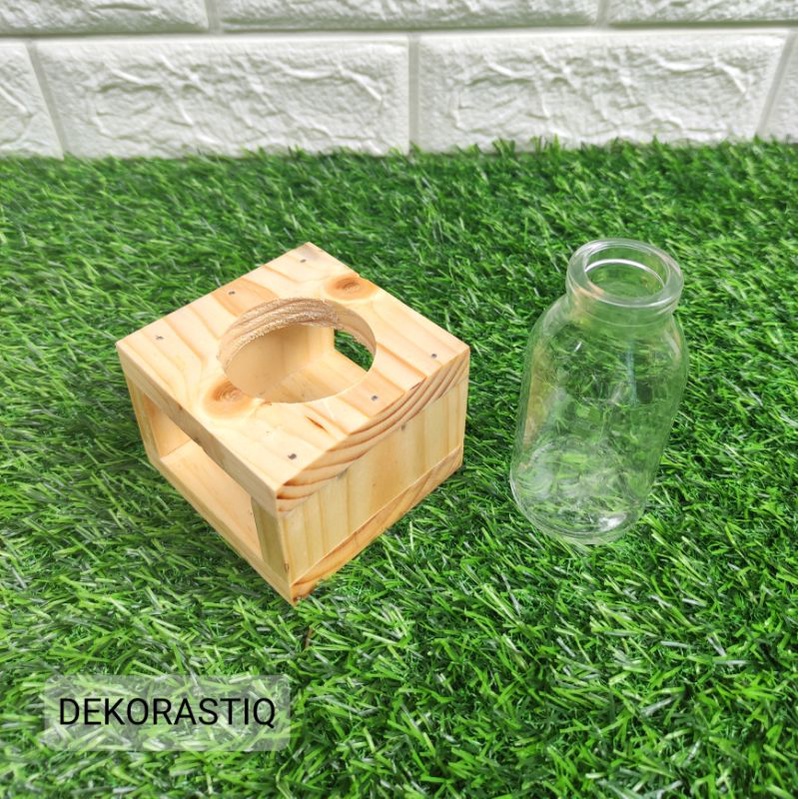 (1 PAKET) VAS BUNGA AESTHETIC / VAS BOTOL 100ML BENING COVER KAYU 1 LUBANG / POT TANAMAN AIR / VAS KACA KOREA AESTHETIC / PLANTER KAYU