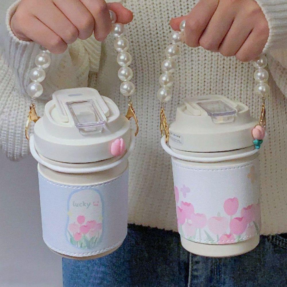 Solighter 450ml Vacuum Flasks Lucu Dengan Lengan Mug Thermal Bunga Tulip