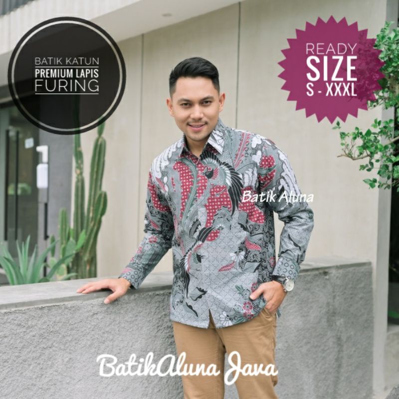 Kemeja Cowok Premium Lengan Panjang Batik Lapis Furing Warna Abu Free Masker Batik Aluna Java Batik 