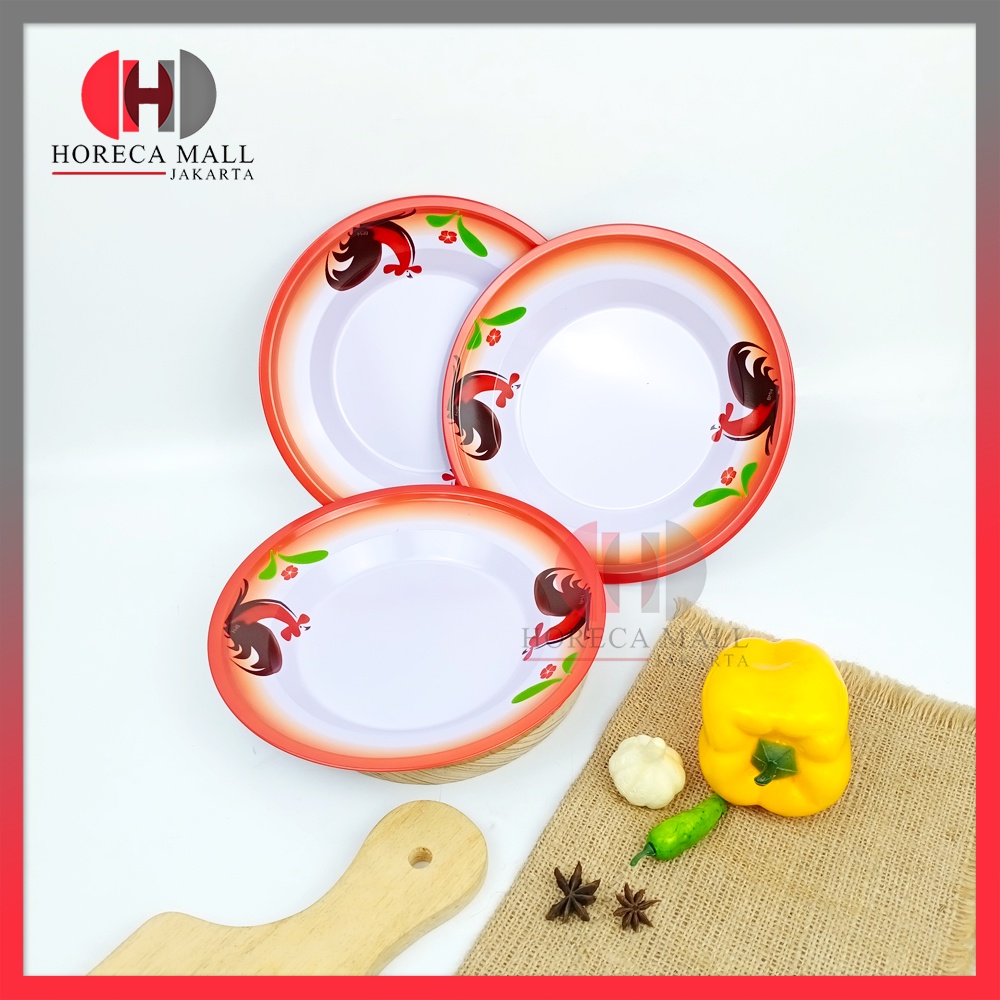 Horeca Mall - Piring Makan Piring Motif Ayam Jago Bulat Piring Lauk Ayam Jago Ukuran 22 cm Serbaguna