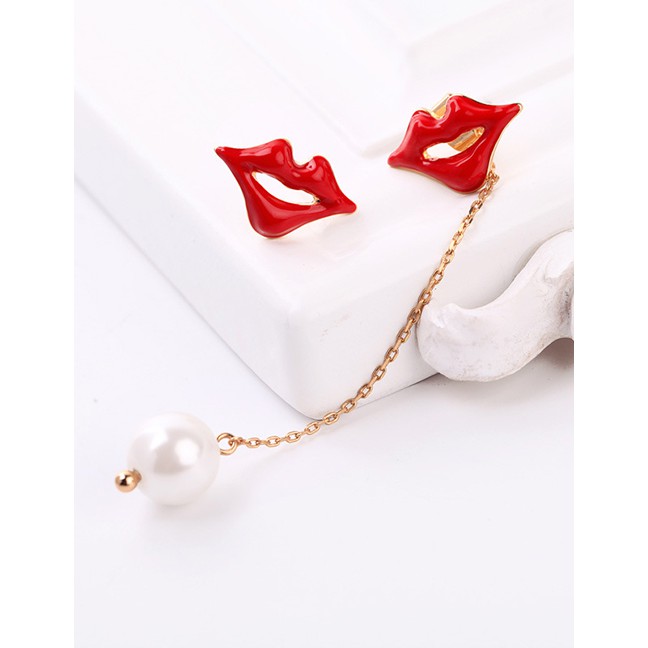 LRC Anting Tusuk Fashion Drip Lips Asymmetrical Pearl Earrings F6020X