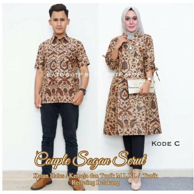 Couple Tunik Sogan Serut Genes Apsari Coklat Batik Modern Midi Sarimbit Kerja Seragam Kantor