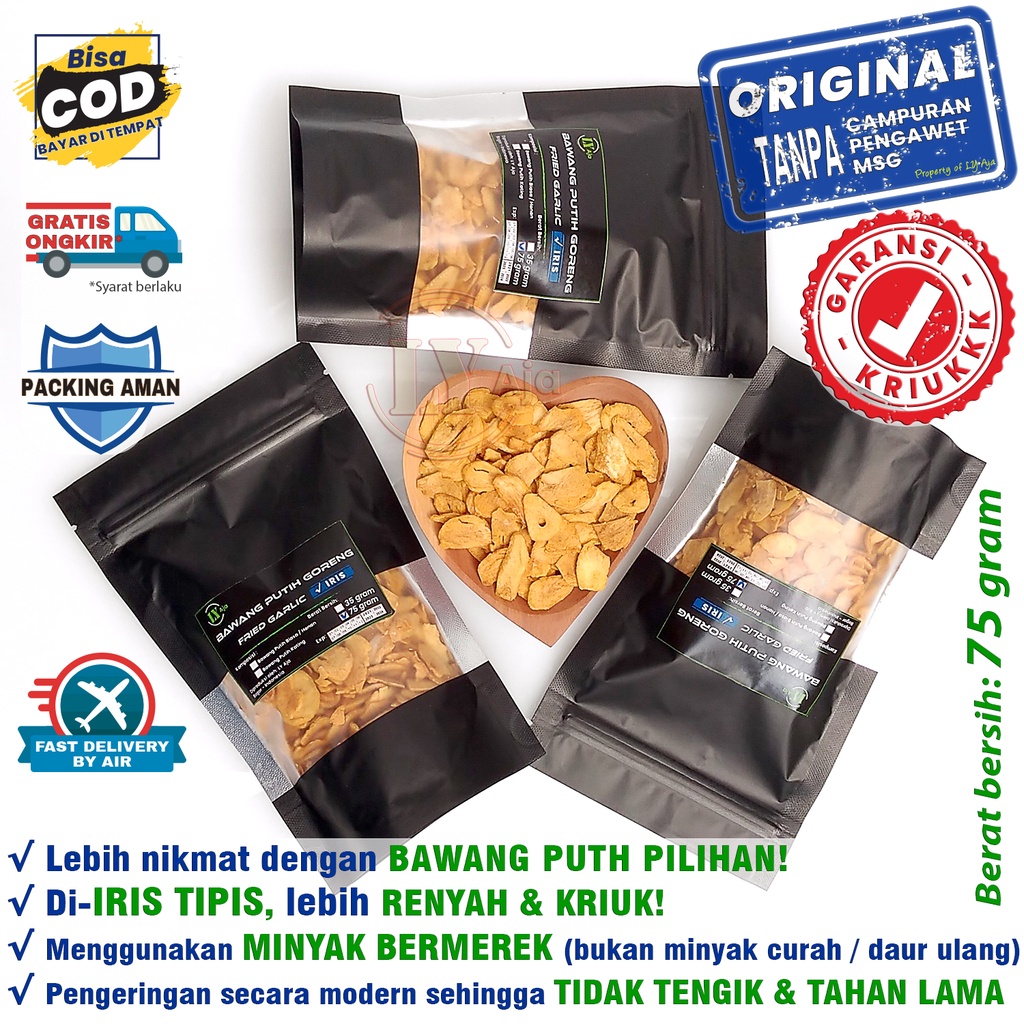 Bawang Putih Goreng Iris 75 Gram Asli Grade A Premium LY Aja Murni Honan Kating Tanpa Tepung 75 Gr