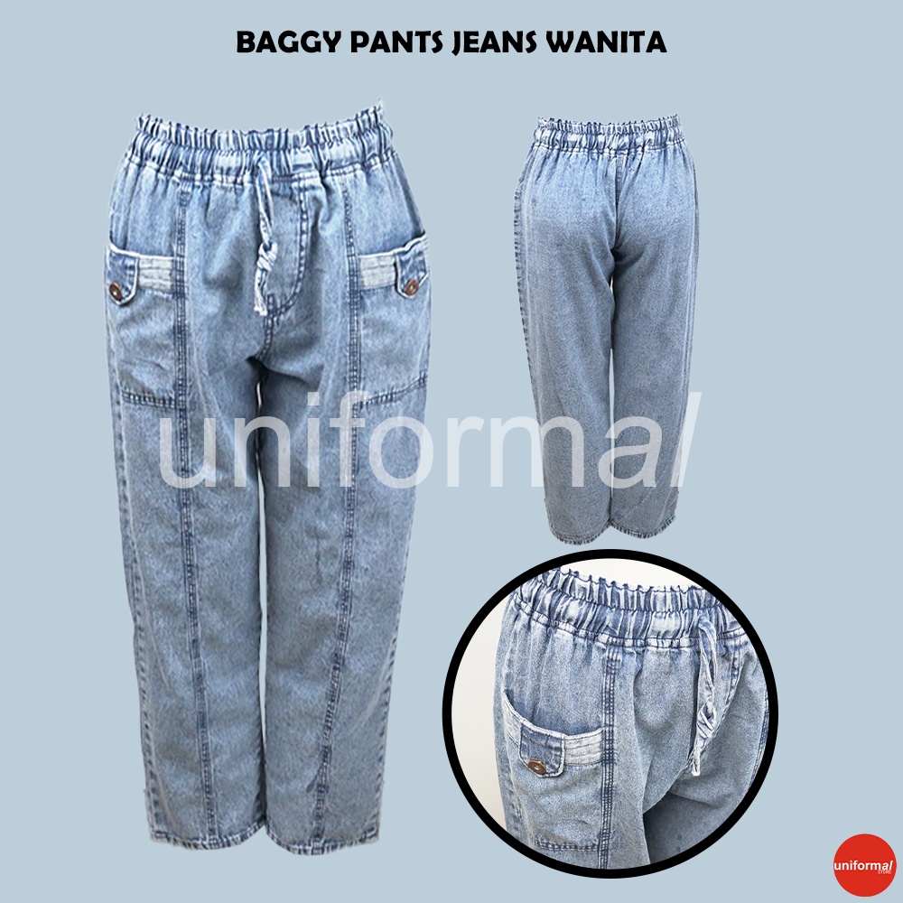 Celana Baggy Pants Jeans Wanita,  Celana Perempuan Pinggang Karet Tali, Celana Wanita Kekinian Saku Depan, Baggy Boyfrend Mid Waist ROSE BAGGY PANTS // BOYFRIEND JEANS SNOW