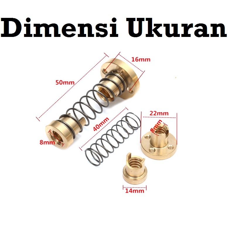 [HAEBOT] Spring T Nut TNut T8 Lead Screw 8mm Leadscrew 8 Pitch 2mm CNC Anti Backslash Trapezoidal Loaded Ulir Mekanik Brass