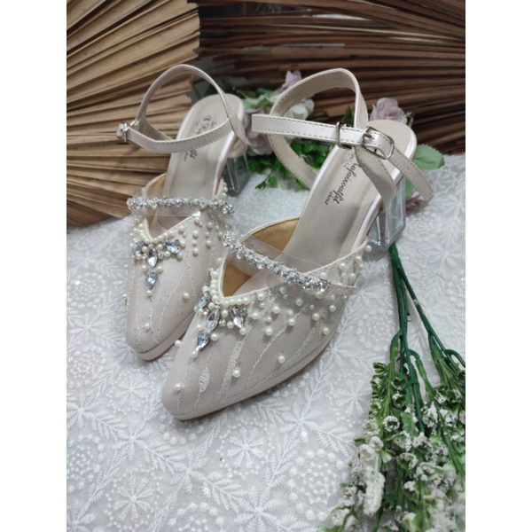 sepatu pesta wanita diamont broken white 7cm kaca