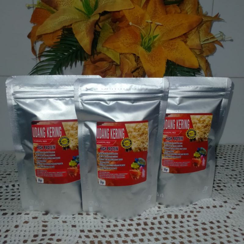 Udang Kering 50gr(+Carophyl Red)Kualitas Super Pakan Ikan Chana,Arwana,Louhan,Pbass,OscarHarga & Kua