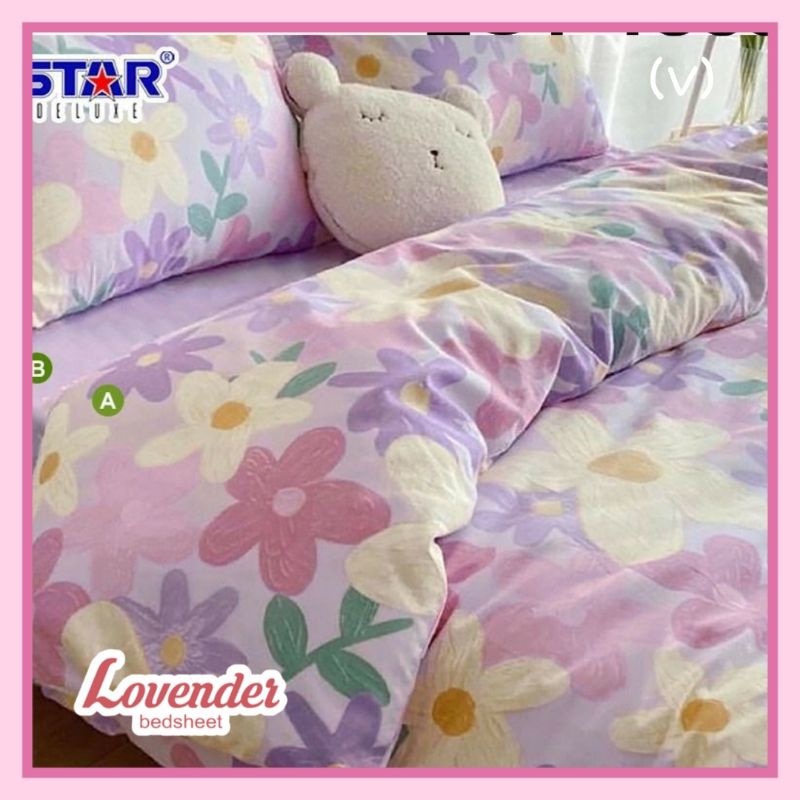 Sprei/Bedcover katun TAIWAN/CVC HALUS Bunga lilac ungu pastel pink dewasa [LOVENDER BEDSHEET]