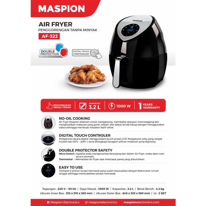 MASPION AF 322 AIR FRYER PENGGORENGAN TANPA MINYAK DIGITAL 3,2 L