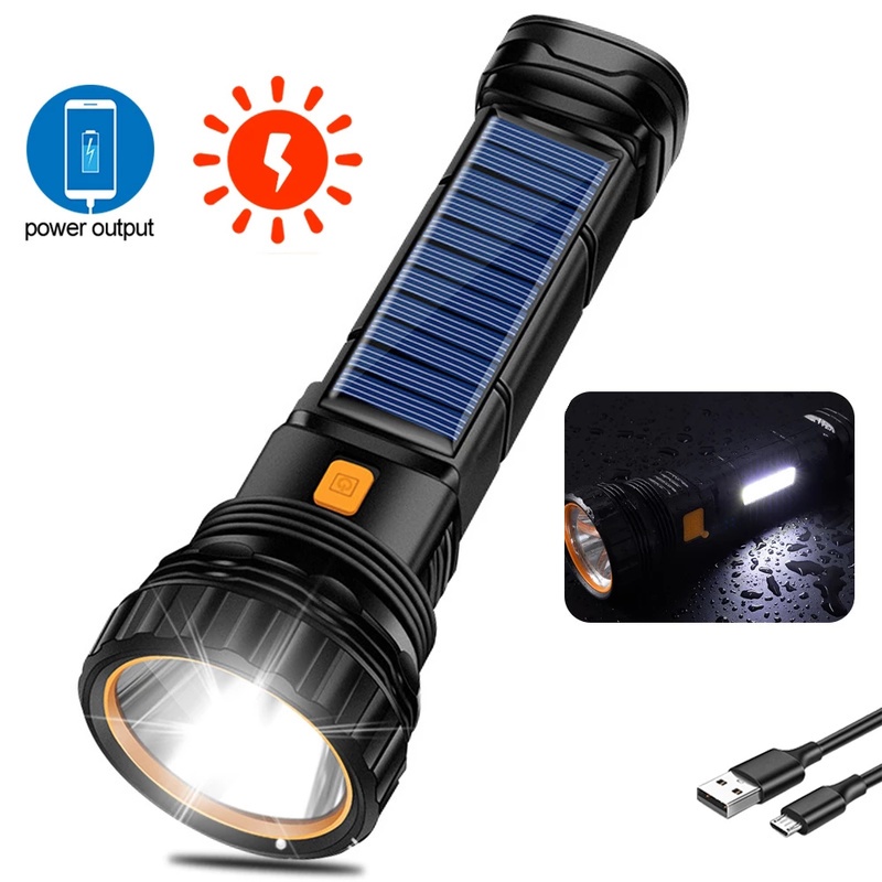 (Solar Usb Rechargeable Lampu Senter Led Cob 3 Mode Tahan Air Untuk Hiking / Camping / Outdoor