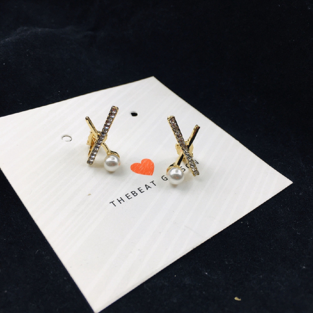 Anting Klip Tanpa Tindik Lapis Emas / Silver Model Silang Dengan Mutiara Imitasi Untuk Wanita