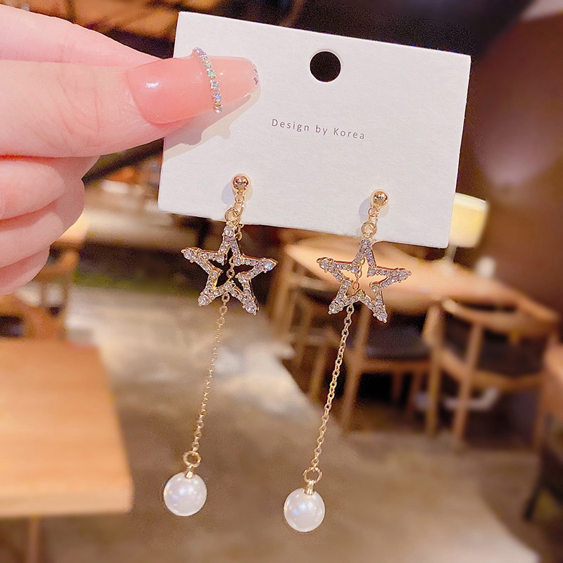 Anting Tusuk Gantung Bahan Sterling silver 925 Desain Bintang Hias Berlian Untuk Wanita