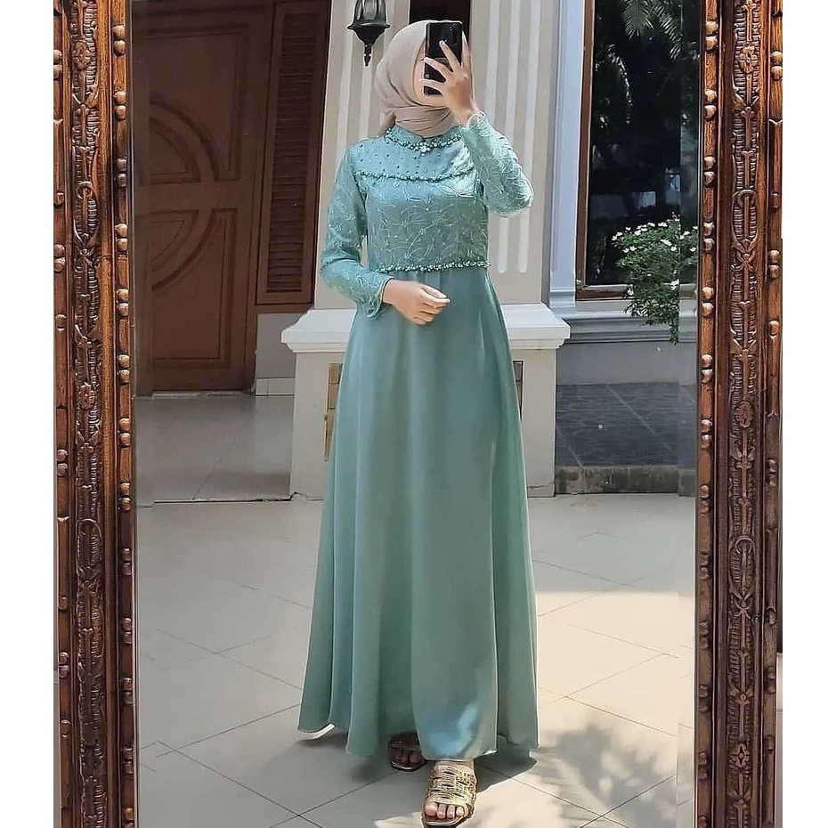 Tiara Dress Gamis Maxy Velvet Mix Brukat Mutiara Fashion Muslim Wanita Pesta Gaun Maxi Kondangan Pre