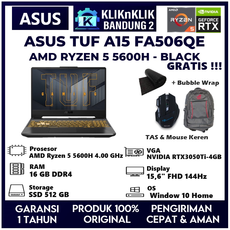 LAPTOP GAMING ASUS TUF A15 FA506QE RYZEN 5 5600H 16GB 512 GB SSD RTX3050TI-4GB 144HZ BLACK
