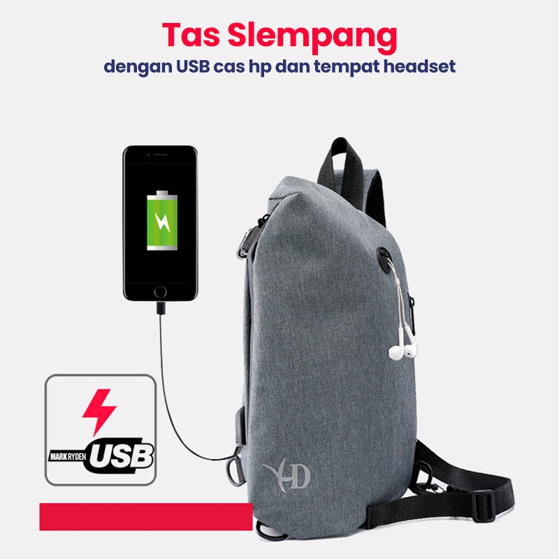 Highland Tas Selempang Pria Casual Slingbag USB Charge Anti Air Tas Bahu Pria Santai Travel Handbag Shoulder Bag Import TS711
