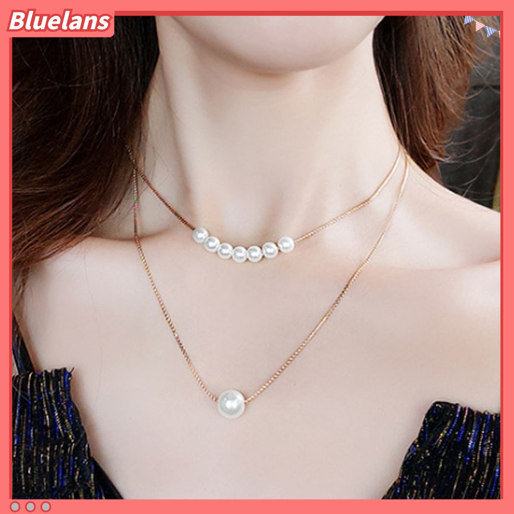 Kalung Rantai Double Layer Liontin Mutiara Tiruan Gaya Korea Jepang Untuk Wanita