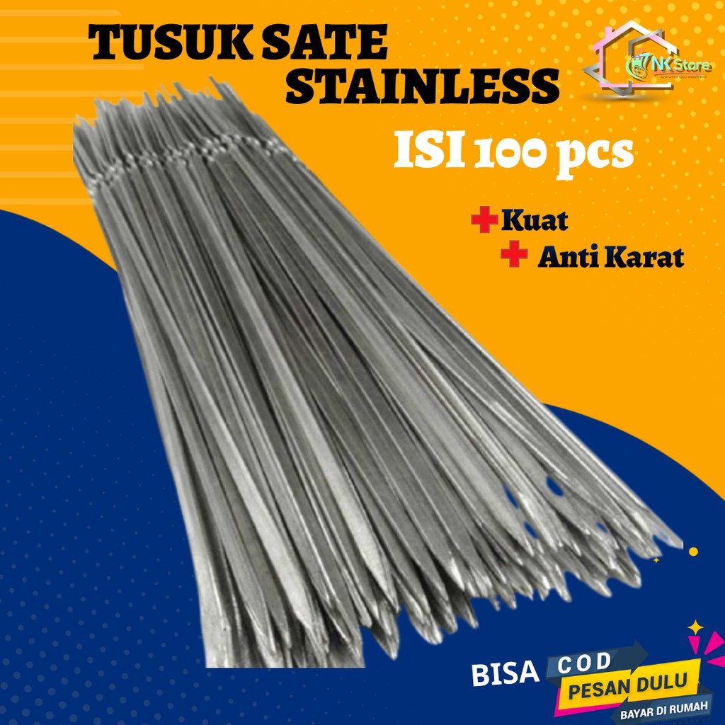 100 PCS Alat Tusuk Sate Stainless Steel Besi Panjang Skewers 100 PCS 35 CM