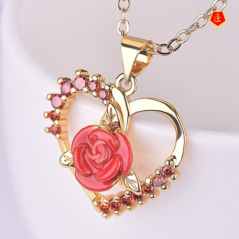 [Ready Stock]Creative Diamond Zircon Rose Heart-Shaped Pendant New Fashion