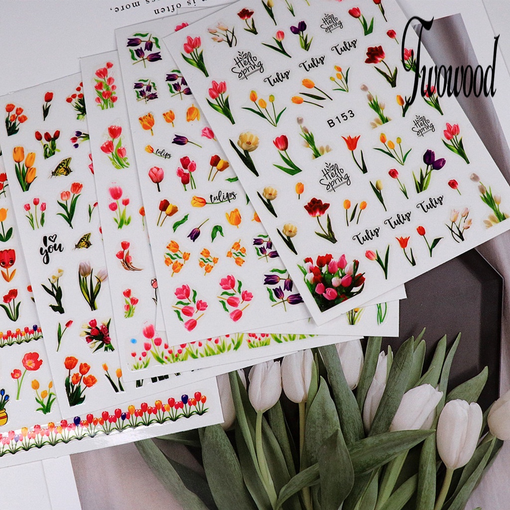 Twowood 1 Set Stiker Kuku Motif Bunga Tulip Bahan Resin Anti Air Untuk Nail Art DIY