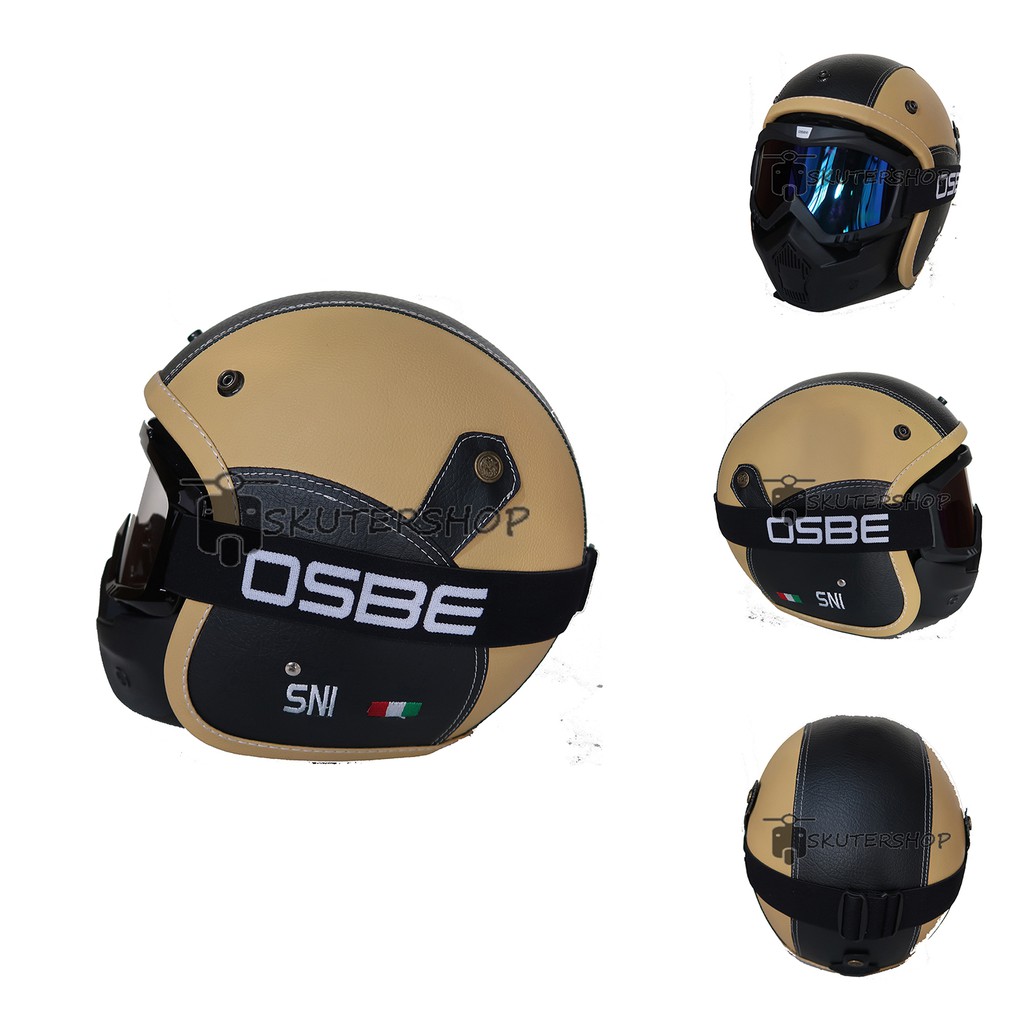 Andriawanhs Helm Retro Klasik Jap Style Krem Hitam Kulit Gogglemask Masker OSBE