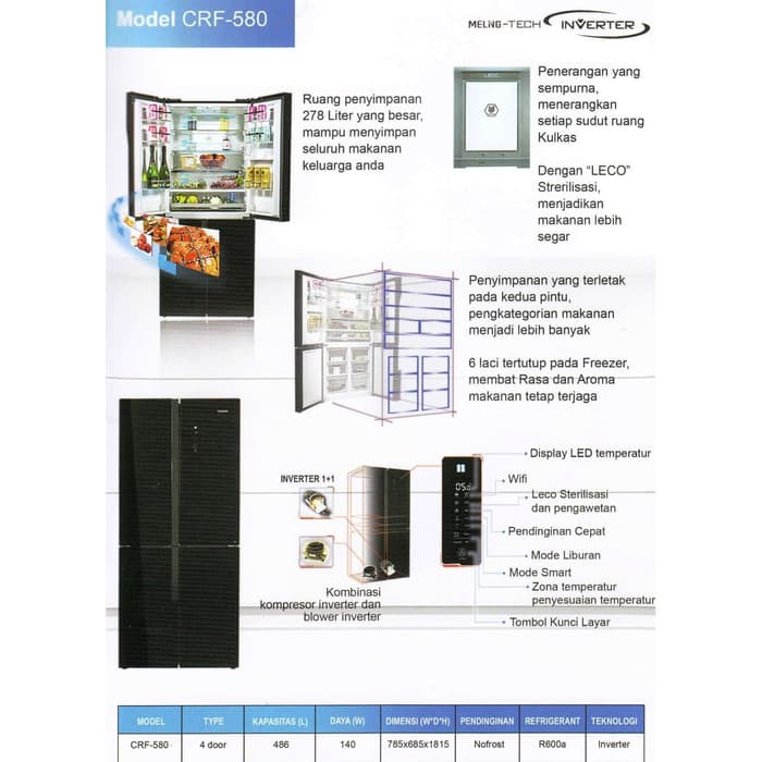 KULKAS CHANGHONG CRF- 580 / KULKAS 4 PINTU INVERTER