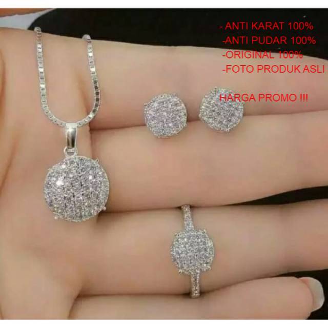 Paket Lengkap Kalung Gelang Cincin Anting Cod/bayar ditempat satu set perhiasan putih titanium